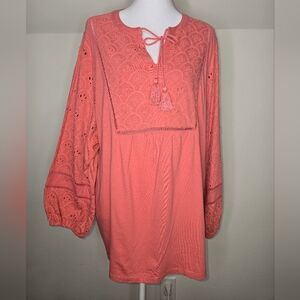 Peasant Boho Tunic Top 2X NWT Coral Eyelet Sleeve Tassel Tie Plus Size Blouse